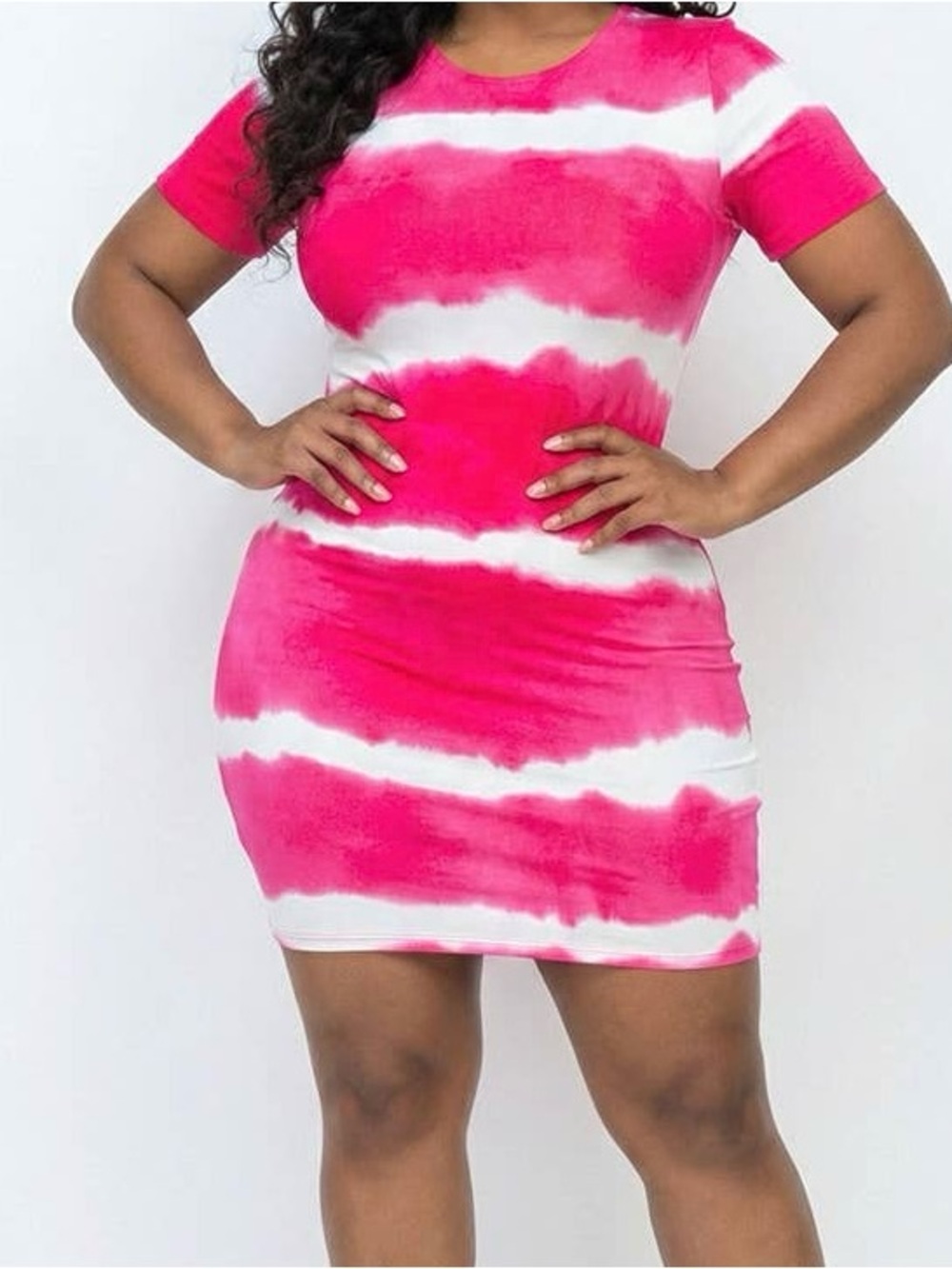 Tie-Dye Short Sleeve Bodycon Mini Dress in Pink and White